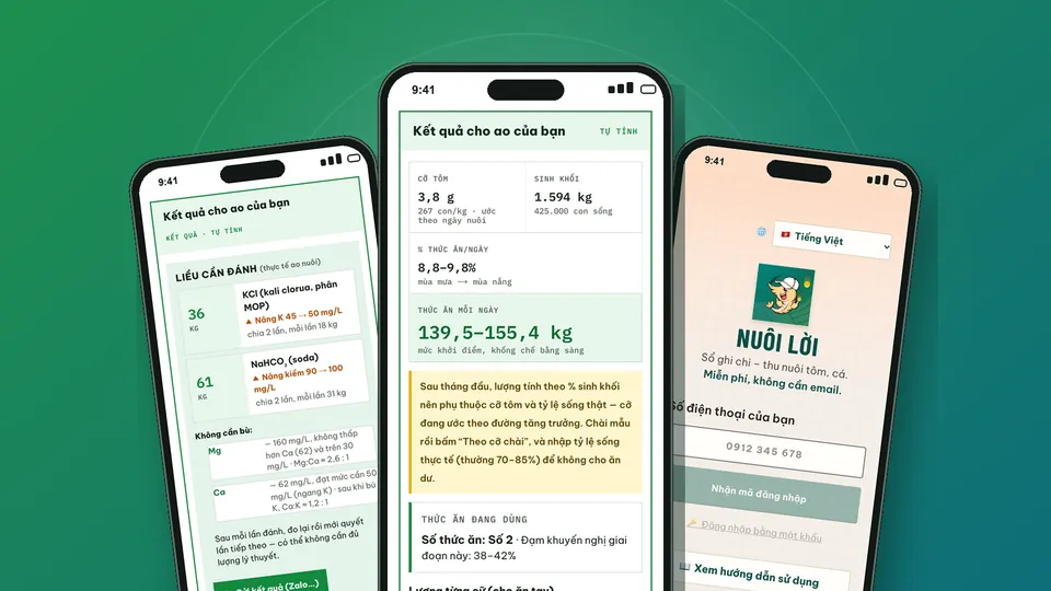 Feed calculator, mineral calculator and Nuôi Lời app screens on a phone